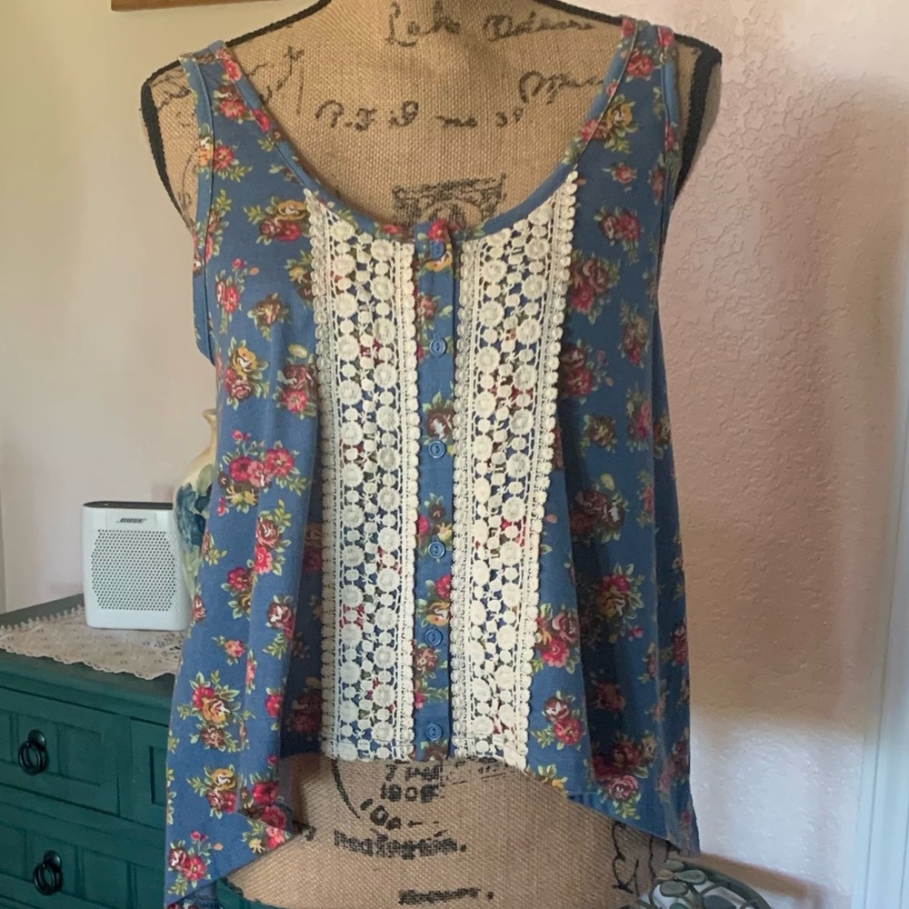 American Rag JUNIORS Blue Flowery Tank Top Sz L